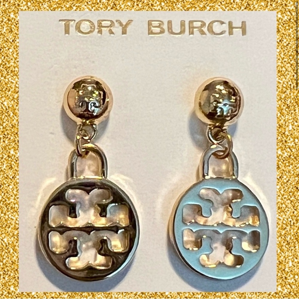 Tory Burch Gold and Silver Crystal Logo Earrings